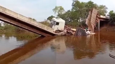 Ponte sobre o rio Salobo desaba no sul do Pará — Foto: Exibição tv liberal