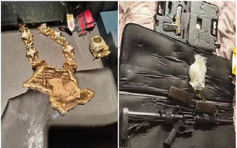 Mandados são cumpridos em nove estados e apuram movimentação superior a R$ 1,6 bilhão - Colar com imagem de Pablo Escobar e armas foram apreendidos pela PF contra MC Ryan SP e MC Poze do Rodo — Foto: Divulgação/PF